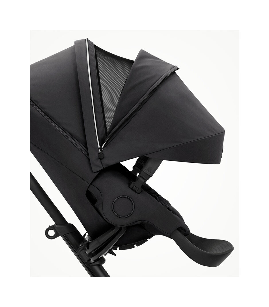 Stokke® Xplory® X Rich Black Stroller with Seat. Forward Facing. Extended Canopy Open Ventilation.